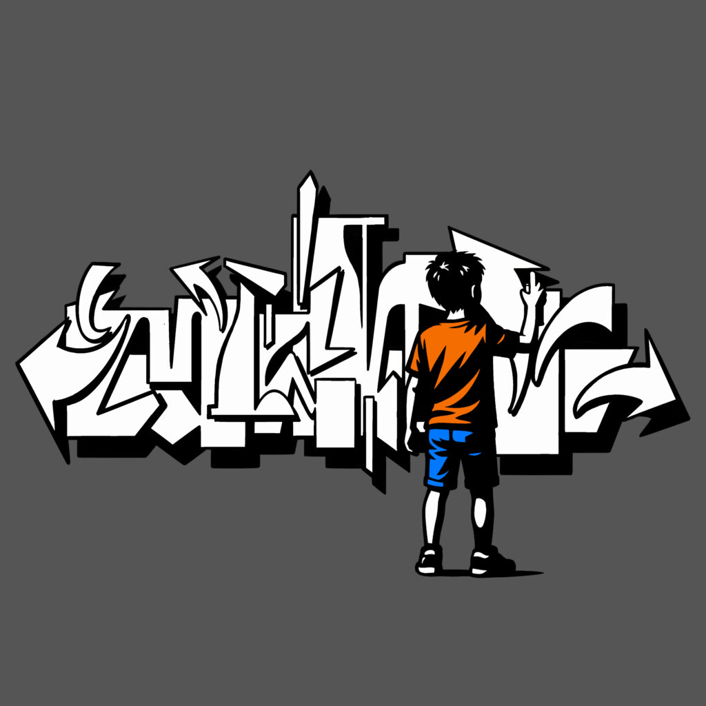 Disegno preparatorio stencil con bambino che dipinge il lettering