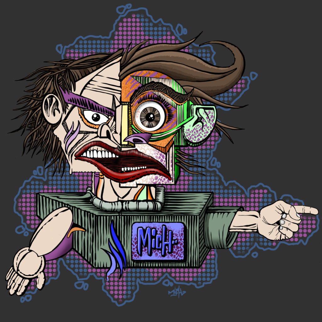 Giugno 2025, volto diviso e corpo meccanico, identità frammentata e autoritratto simbolico