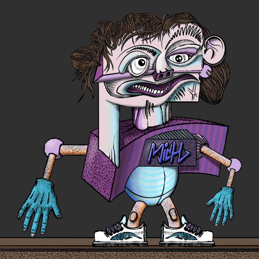 Giugno 2025, figura antropomorfa compatta con firma Mich, ironia e presenza urbana