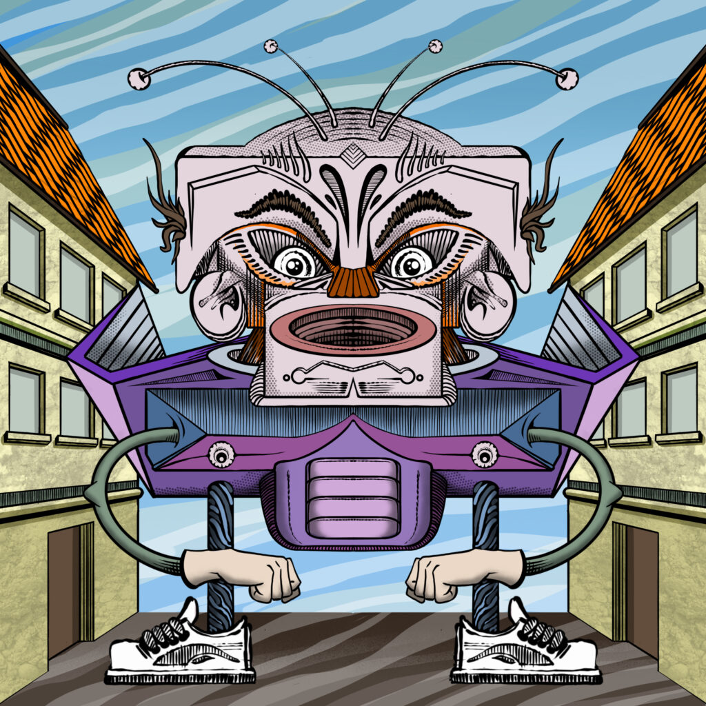 Giugno 2025, figura urbana con antenna, comunicazione e controllo nello spazio cittadino