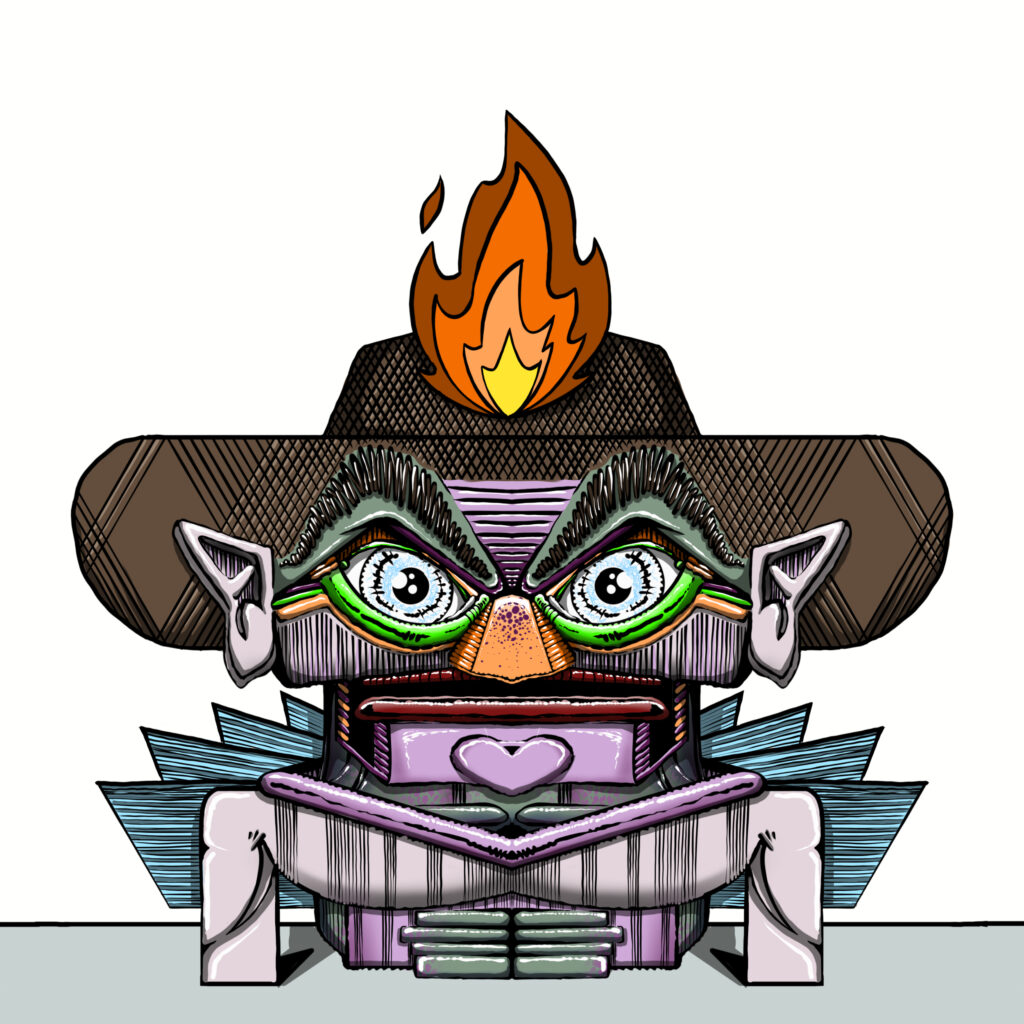 Maggio 2025, volto meccanico con cappello in fiamme, ironia e tensione iconica