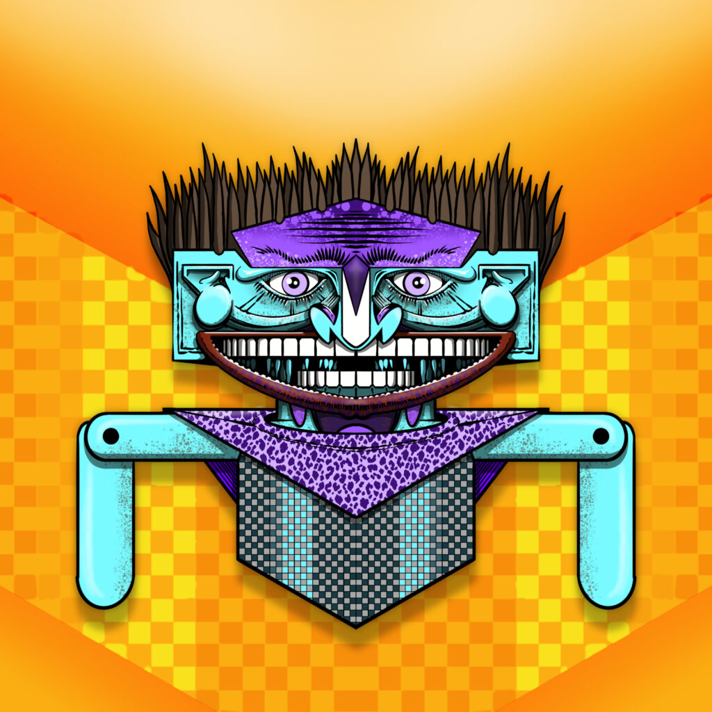 Aprile 2025, figura geometrica sorridente su sfondo arancione, estetica pop e tensione ludica