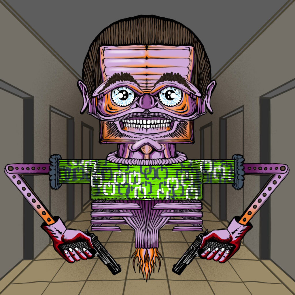 Marzo 2025, figura antropomorfa armata in corridoio prospettico, tensione urbana e immaginario distopico