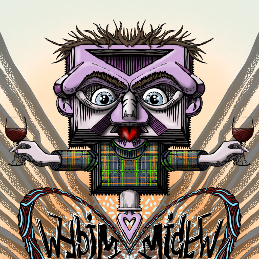 Marzo 2025, figura antropomorfa con calici di vino e scritta Mich, simbolismo ironico e rituale