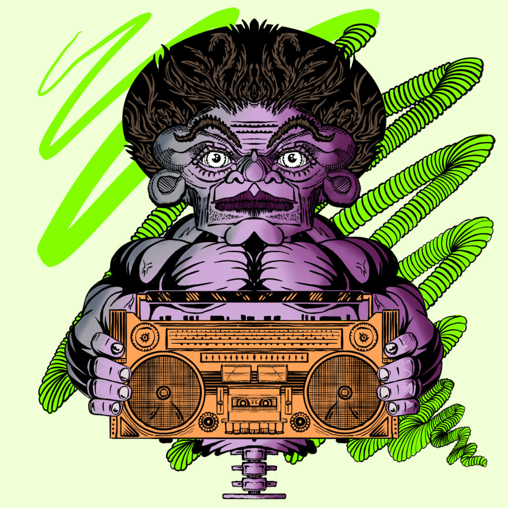 Marzo 2025, figura antropomorfa con boombox, riferimento alla cultura urbana e sonora