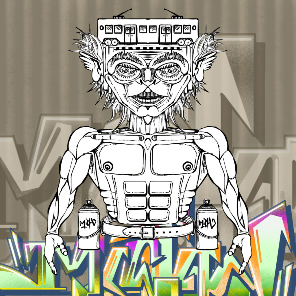 Febbraio 2025, figura muscolare stilizzata con spray, corpo meccanico e graffiti colorati sullo sfondo