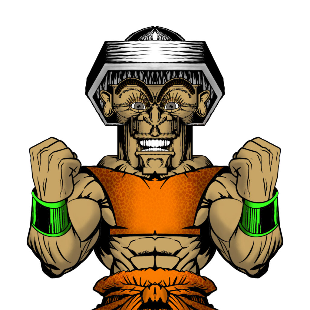 Gennaio 2025, figura totemica muscolare, forza e simbolismo grafico