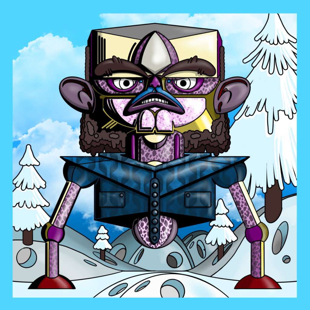 Gennaio 2024, figura totemica geometrica in paesaggio innevato surreale