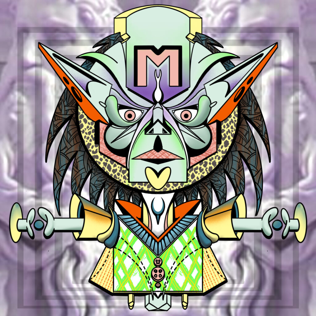 2024, figura totemica simmetrica dai tratti tribali e cromie acide