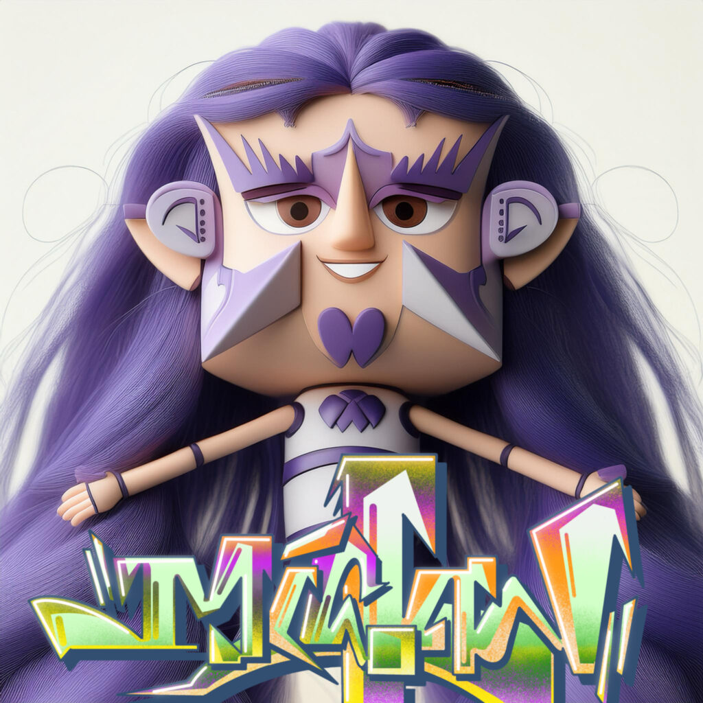 2024, personaggio pop stilizzato con geometrie e colori saturi