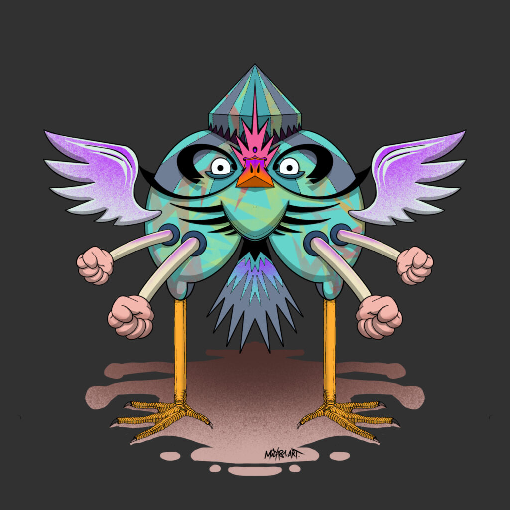 2024, creatura antropomorfa alata dallo stile surreale