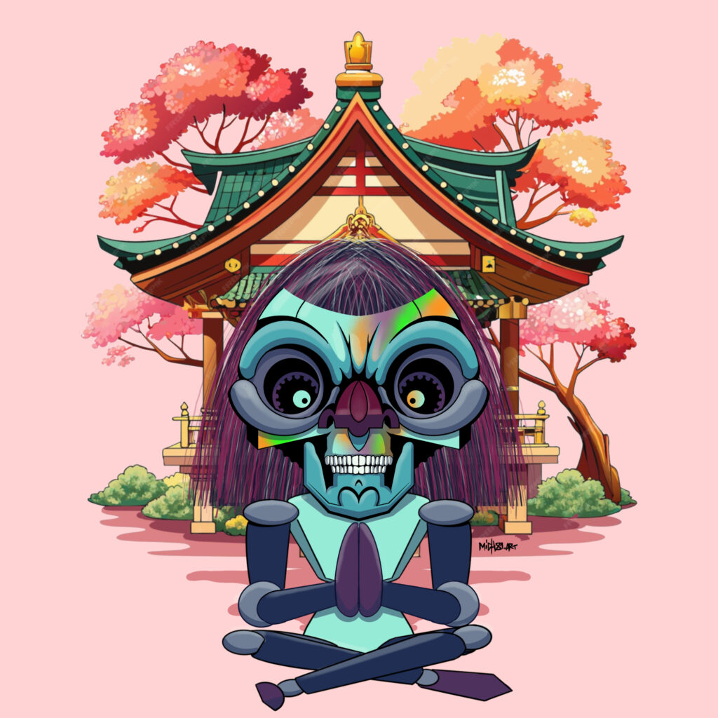 2024, figura meditativa stilizzata davanti a tempio orientale