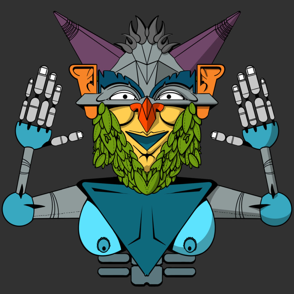 2024, figura totemica simmetrica con elementi meccanici e naturali, maschera digitale tra rituale e tecnologia