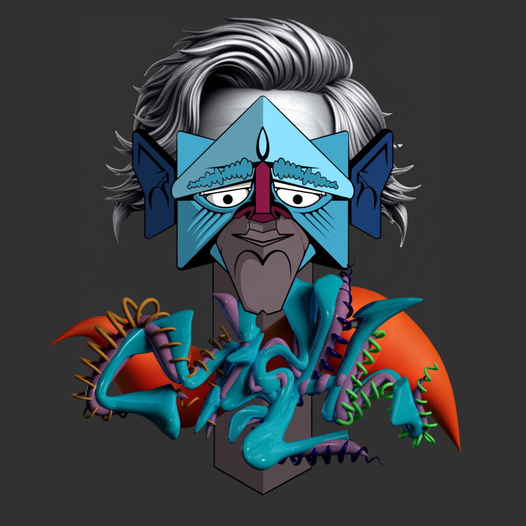 2024, ritratto digitale con volto geometrico e elementi tridimensionali organici e artificiali