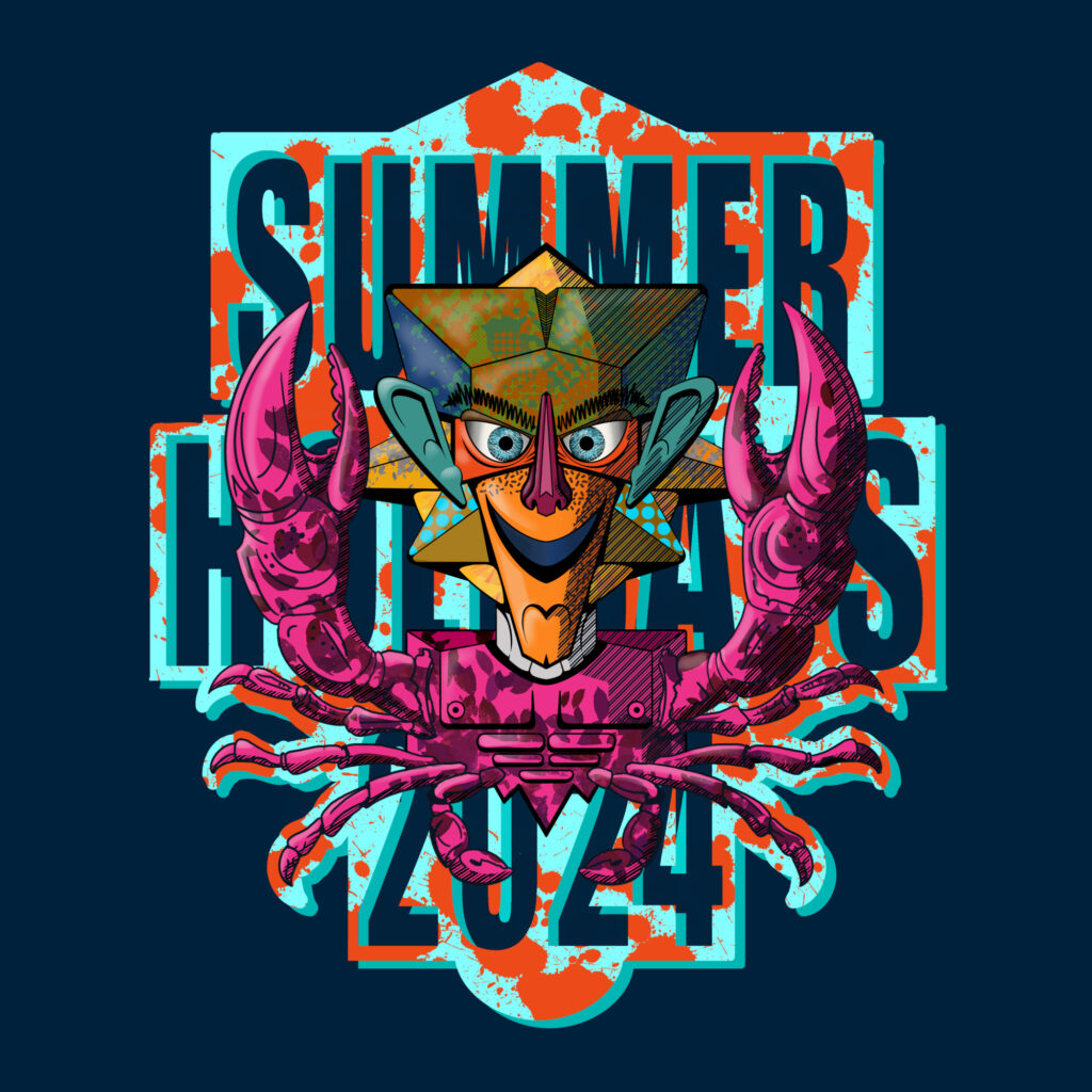 2024, figura ibrida con corpo animale e volto umano, composizione grafica ad alto contrasto