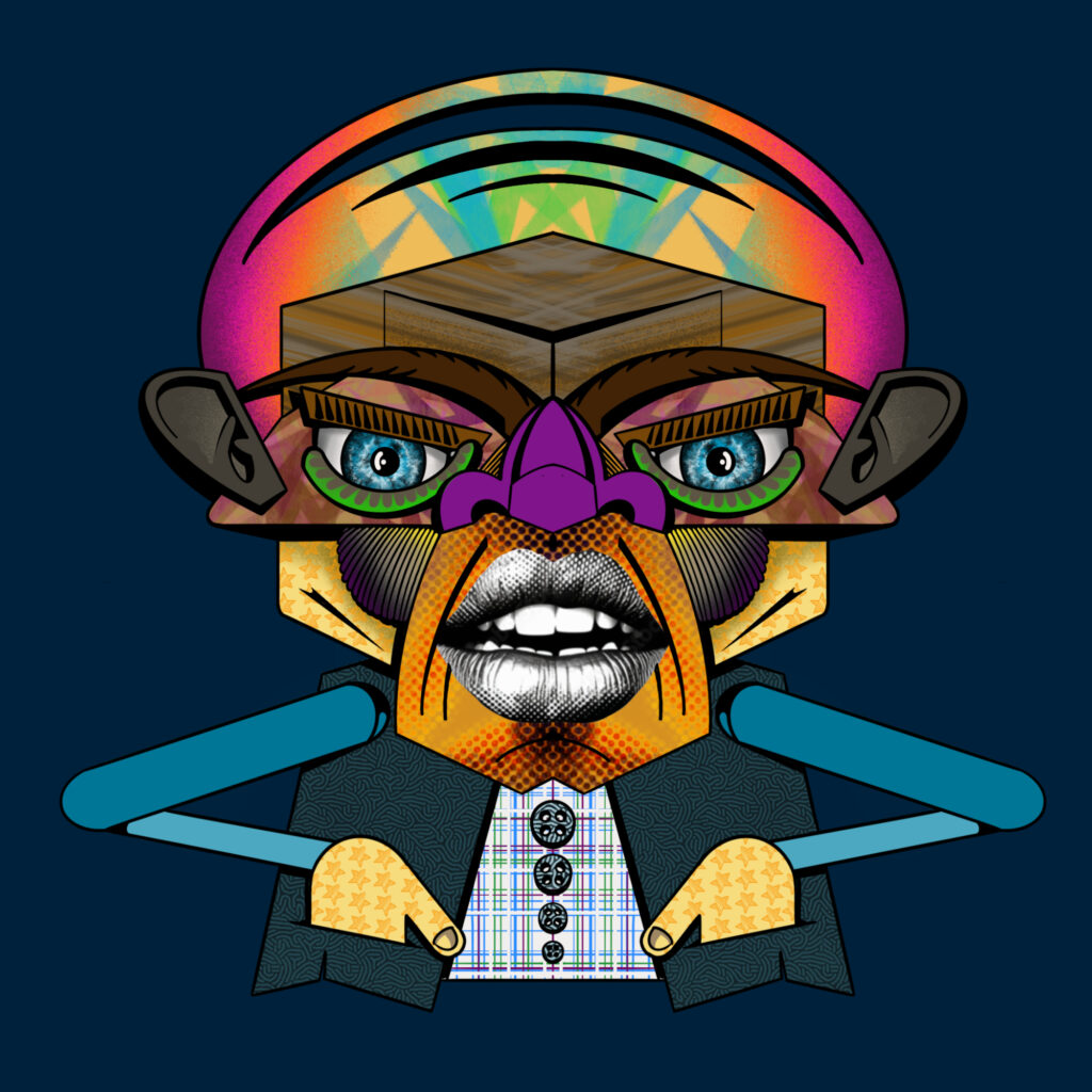 2024, ritratto digitale simmetrico con volto geometrico e innesti grafici, identità frammentata e sguardo frontale