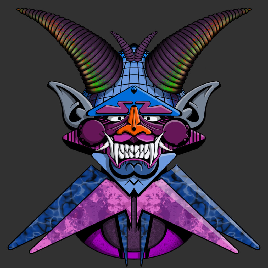 2024, creatura demoniaca stilizzata con corna e denti esposti, simbolismo aggressivo e composizione simmetrica