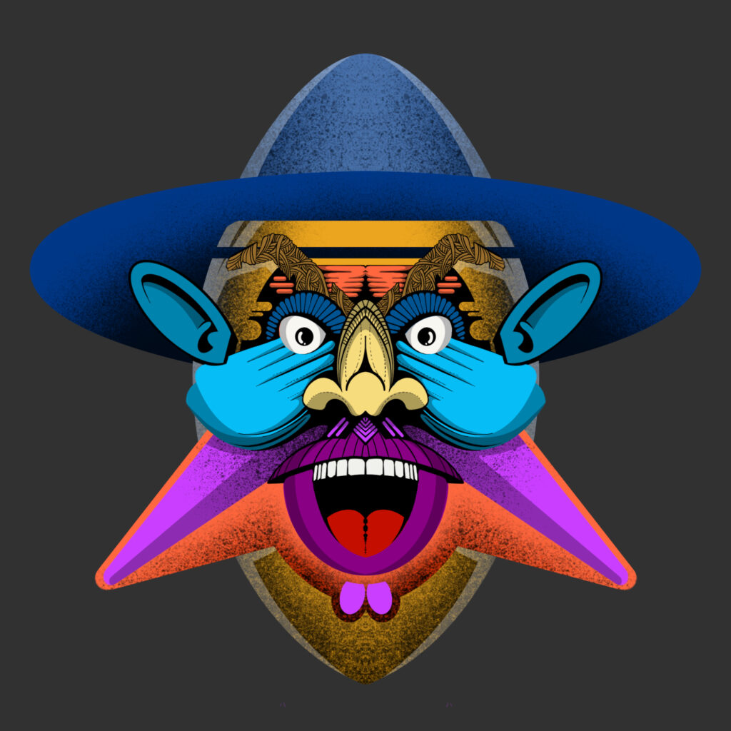 2024, volto stilizzato con cappello e colori accesi, espressione teatrale e riferimenti grafici urbani