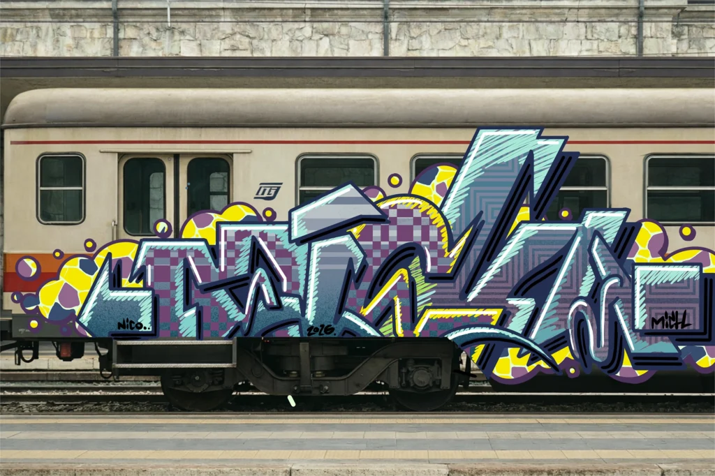 2026, graffiti digitale su carrozza ferroviaria con lettering geometrico e palette fredda contemporanea